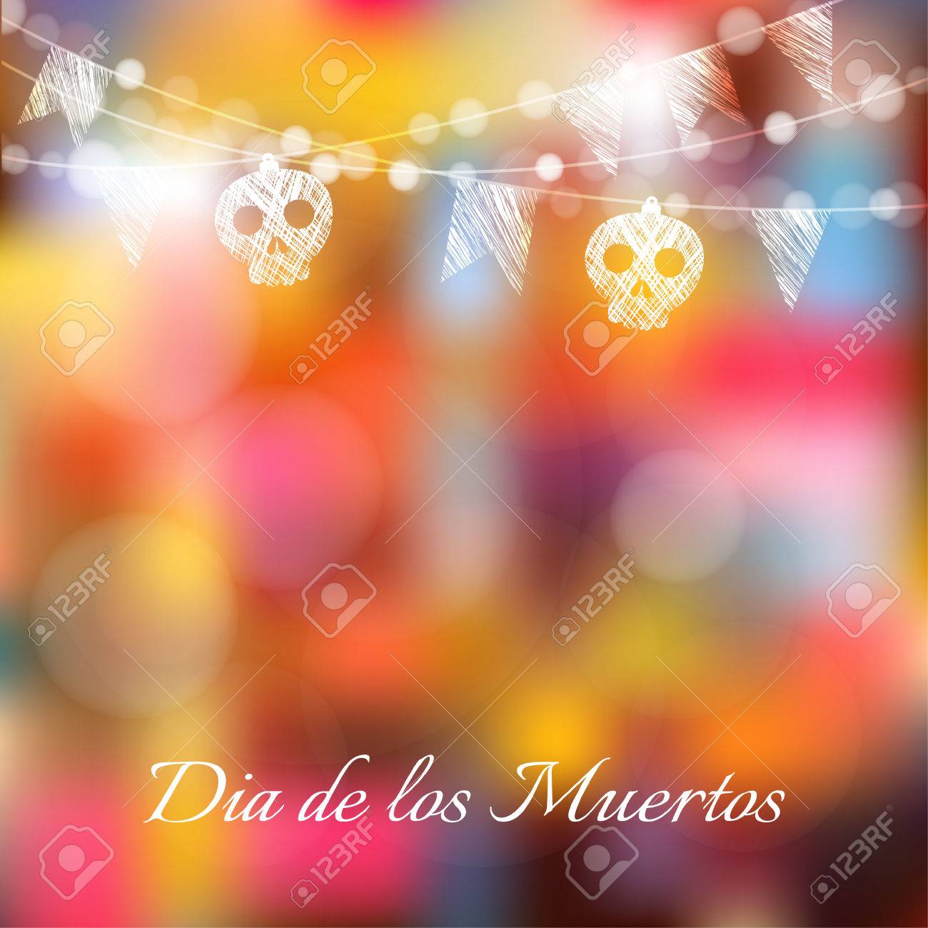 Dia de los muertos (Day of the Dead) or Halloween card, invitation with garland of lights, sculls and party flags, vector illustration background - 45278000 Dia de los muertos (Day of the Dead) or Halloween card, invitation with garland of lights, sculls and party flags, vector illustration background - 45278000