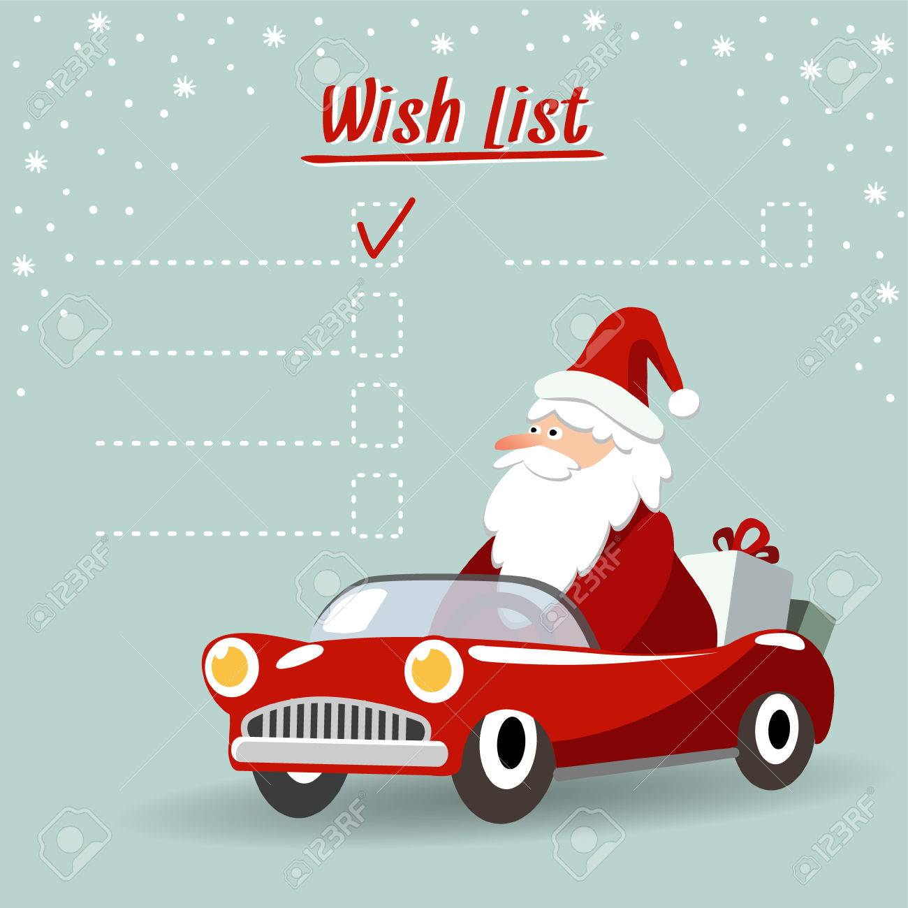 Cute christmas greeting card, wish list with Santa Claus, retro sports car and gifts, vector illustration background - 47108812 Cute christmas greeting card, wish list with Santa Claus, retro sports car and gifts, vector illustration background - 47108812