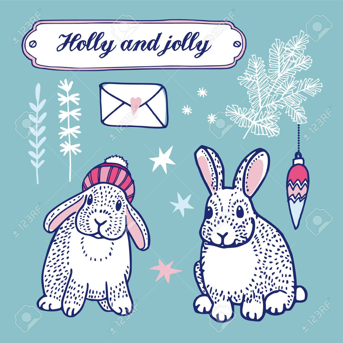 set of cute winter and christmas vector drawings bunnies tree