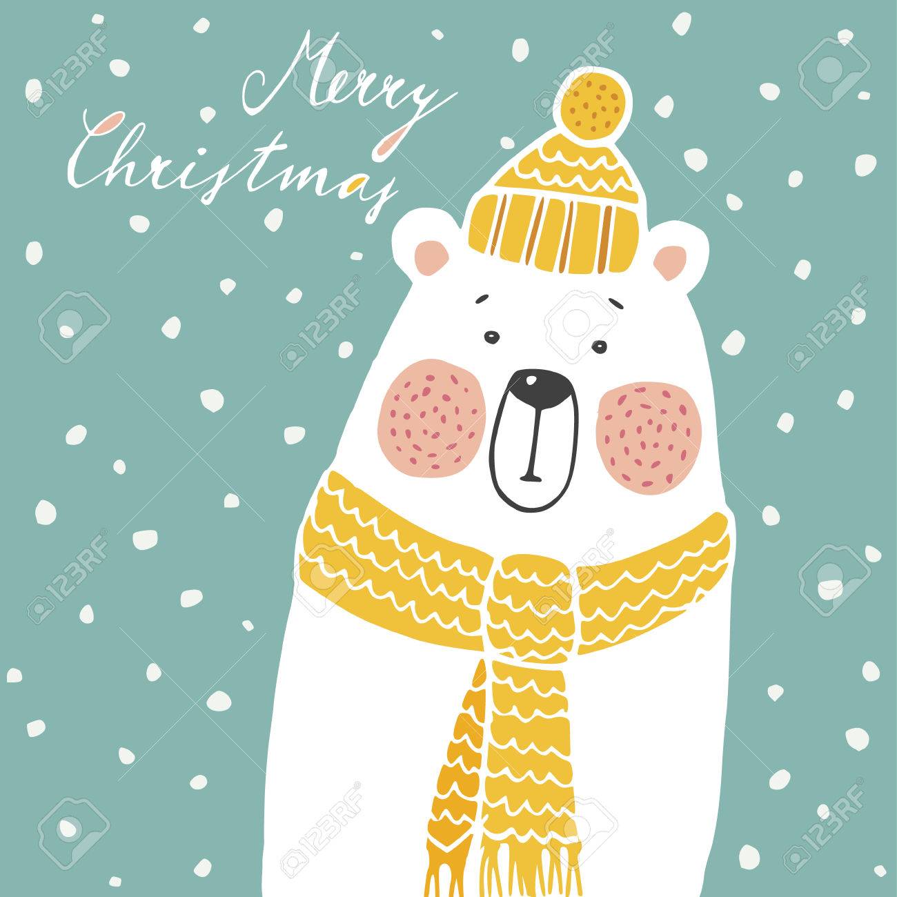 Cute christmas greeting card, invitation, with hand drawn polar bear wearing knitted scarf and hat, vector illustration background - 47449772 Cute christmas greeting card, invitation, with hand drawn polar bear wearing knitted scarf and hat, vector illustration background - 47449772