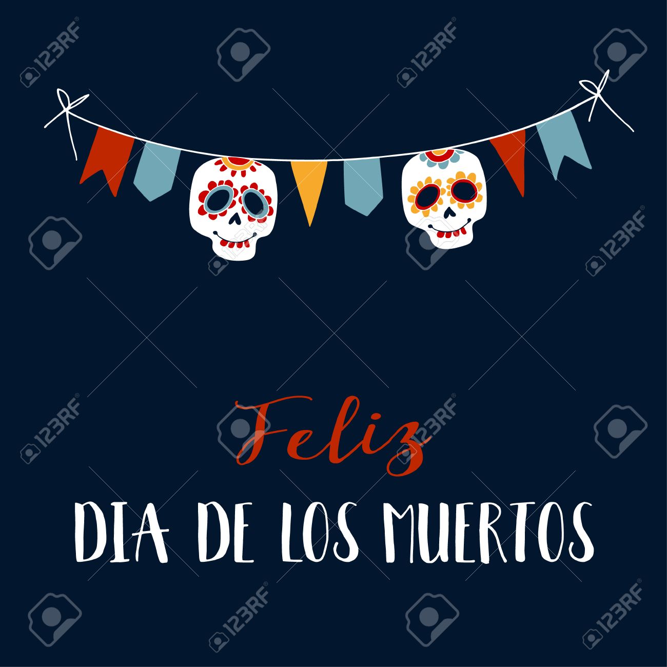 Feliz Dia de los Muertos greeting card, invitation. Mexican Day of the Dead. String decoration with party flags, ornametal sugar sculls. Hand drawn vector illustration, background. - 62180094 Feliz Dia de los Muertos greeting card, invitation. Mexican Day of the Dead. String decoration with party flags, ornametal sugar sculls. Hand drawn vector illustration, background. - 62180094
