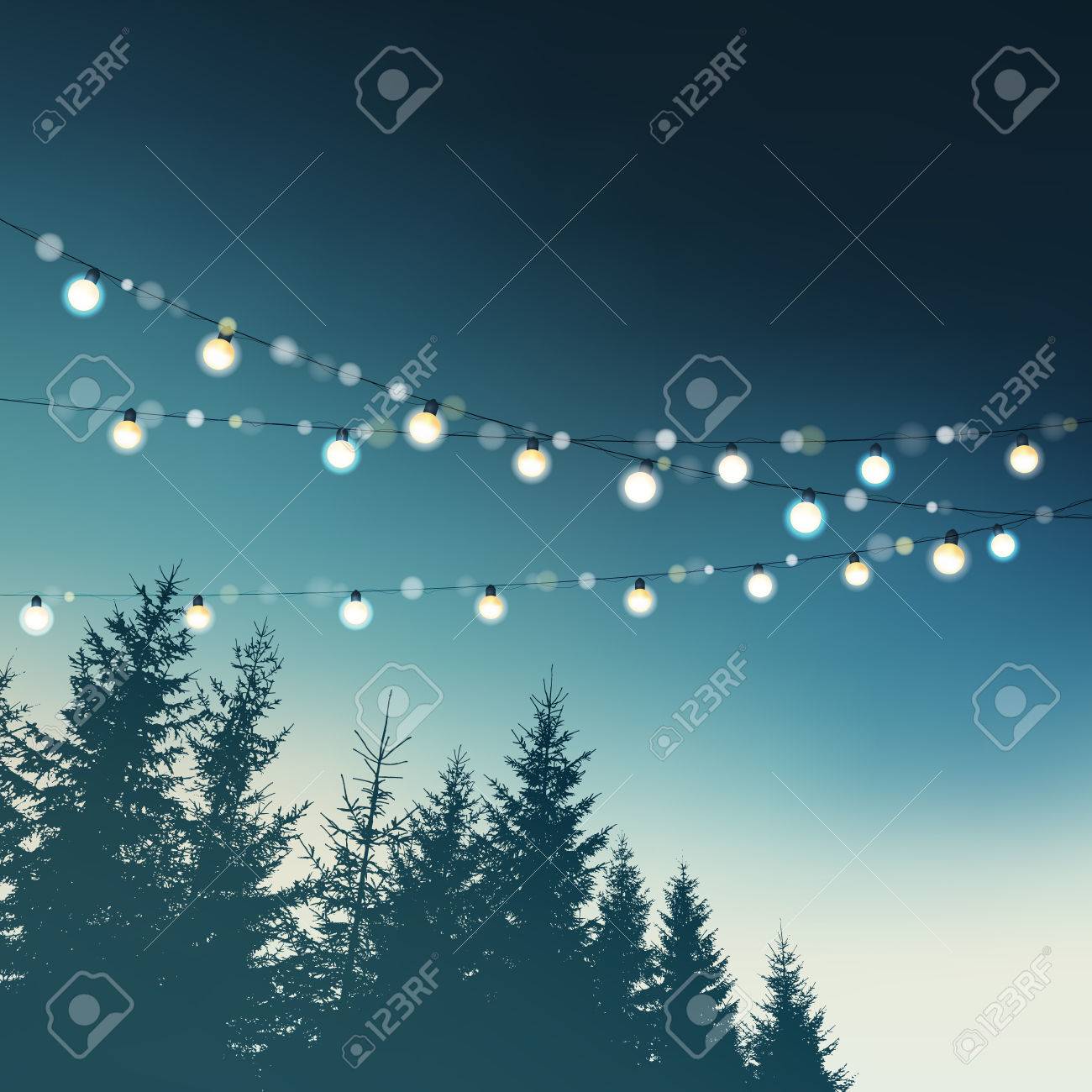 Hanging decorative holiday party lights. Christmas, birthday, wedding, garden party greeting card, invitation. Forest, spruce tree silhouettes against the night sky. Vector illustration background. - 64655226 Hanging decorative holiday party lights. Christmas, birthday, wedding, garden party greeting card, invitation. Forest, spruce tree silhouettes against the night sky. Vector illustration background. - 64655226