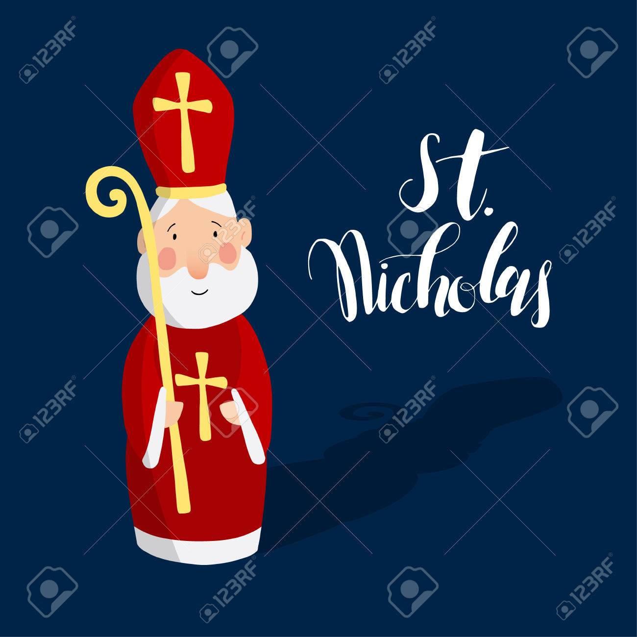 Cute greeting card with Saint Nicholas with mitre and pastoral staff. European winter tradition. Hand-lettered text. Flat design, vector illustration. - 66323177 Cute greeting card with Saint Nicholas with mitre and pastoral staff. European winter tradition. Hand-lettered text. Flat design, vector illustration. - 66323177