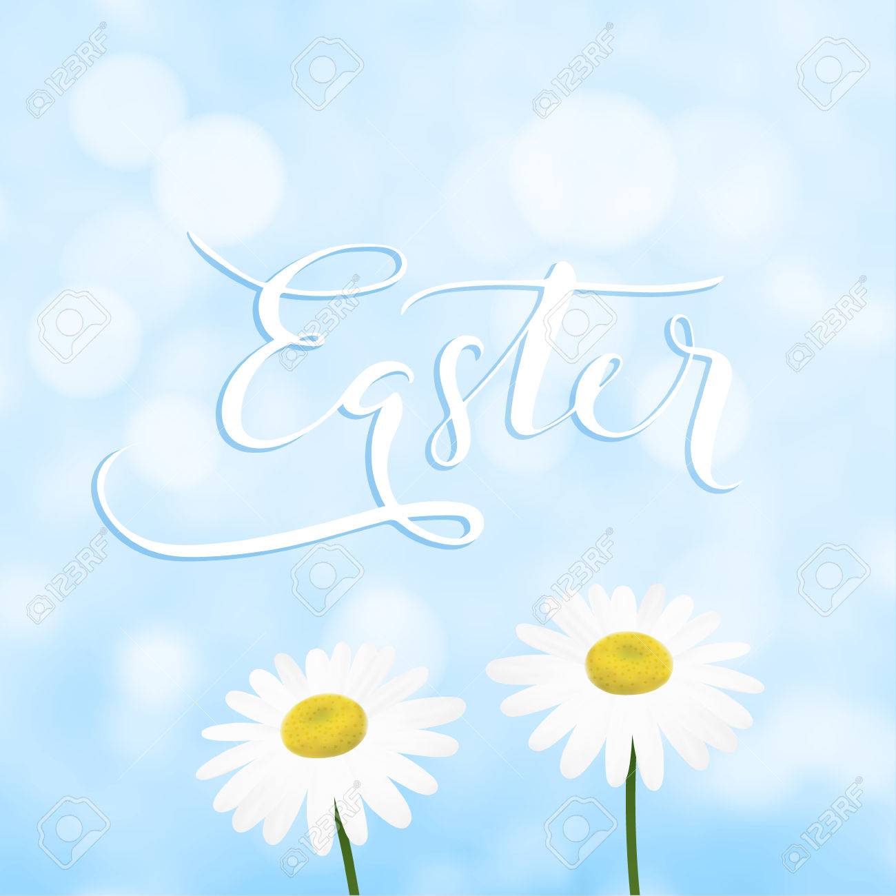 幸せなイースター グリーティング カード 招待状手書きテキスト デイジーやマーガレットの花と青い空 現代は 春ボケ ライトと背景をぼやけています ベクトル イラスト のイラスト素材 ベクタ Image