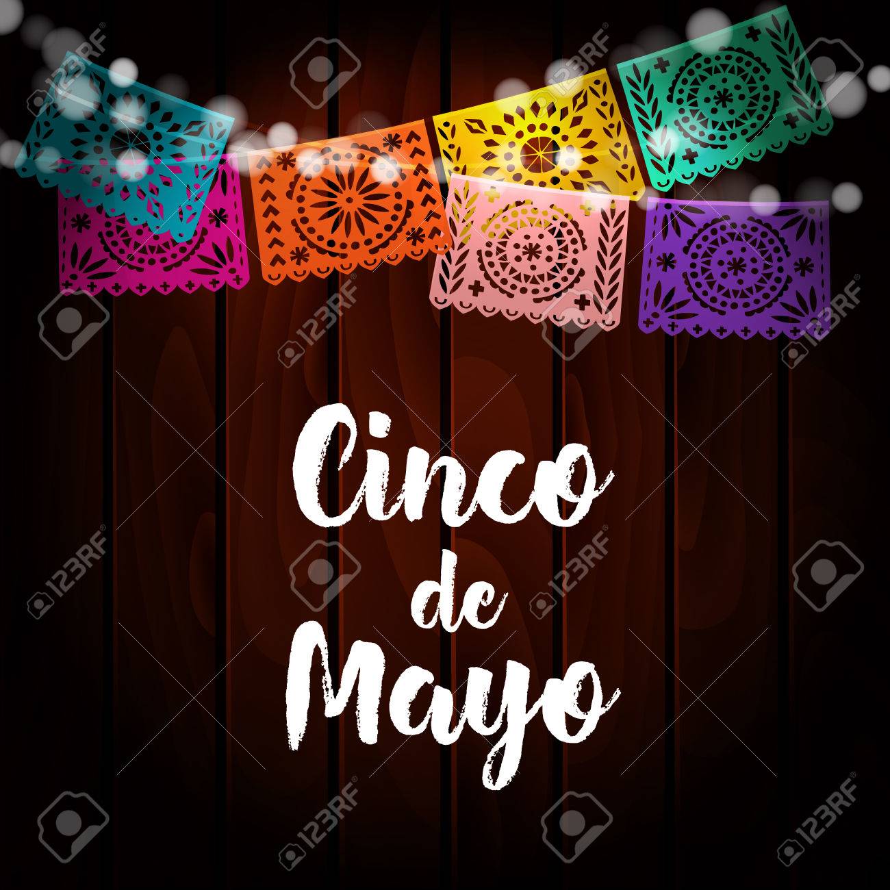 Mexican Cinco de Mayo greeting card, invitation. Party decoration, string of lights, handmade cut paper flags. Old wooden background. Vector illustration. - 74831946 Mexican Cinco de Mayo greeting card, invitation. Party decoration, string of lights, handmade cut paper flags. Old wooden background. Vector illustration. - 74831946