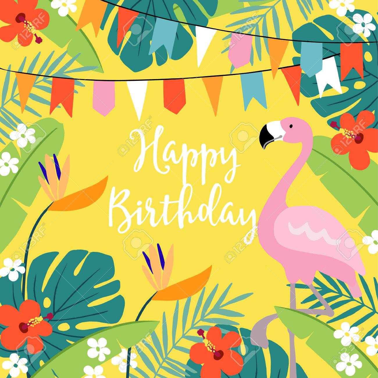 Carte De Voeux Joyeux Anniversaire Invitation Avec Des Feuilles De Palmier Dessines A La Main Fleurs D Hibiscus Oiseau Flamant Rose Et Drapeaux De La Fete Conception De Jungle Tropicale Fond D Illustration Vectorielle