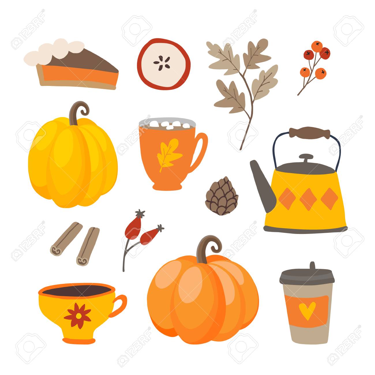 Set of cute cartoon Thanksgiving day icons with pumpkins, pie, coffee, cinnamon spice and oak leaves. Fall season designs, autumn sticker collection. Isolated vector scrapbooking illustrations. - 109818035 Set of cute cartoon Thanksgiving day icons with pumpkins, pie, coffee, cinnamon spice and oak leaves. Fall season designs, autumn sticker collection. Isolated vector scrapbooking illustrations. - 109818035