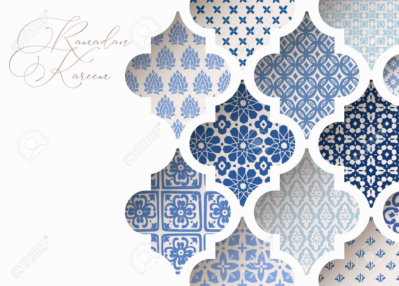 Close-up of blue ornamental arabic tiles, patterns through white mosque window. Greeting card, invitation for Muslim holiday Ramadan Kareem. Vector illustration bacground, web banner, modern design. - 119805633 Close-up of blue ornamental arabic tiles, patterns through white mosque window. Greeting card, invitation for Muslim holiday Ramadan Kareem. Vector illustration bacground, web banner, modern design. - 119805633