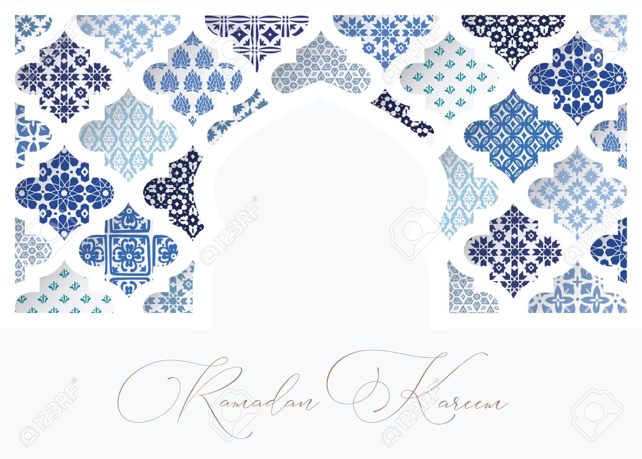 Silhouette of white oranmental mosque window decorated by blue arabic tiles. Greeting card, invitation for Muslim holiday Ramadan Kareem. Vector illustration bacground, web banner. - 120279148 Silhouette of white oranmental mosque window decorated by blue arabic tiles. Greeting card, invitation for Muslim holiday Ramadan Kareem. Vector illustration bacground, web banner. - 120279148