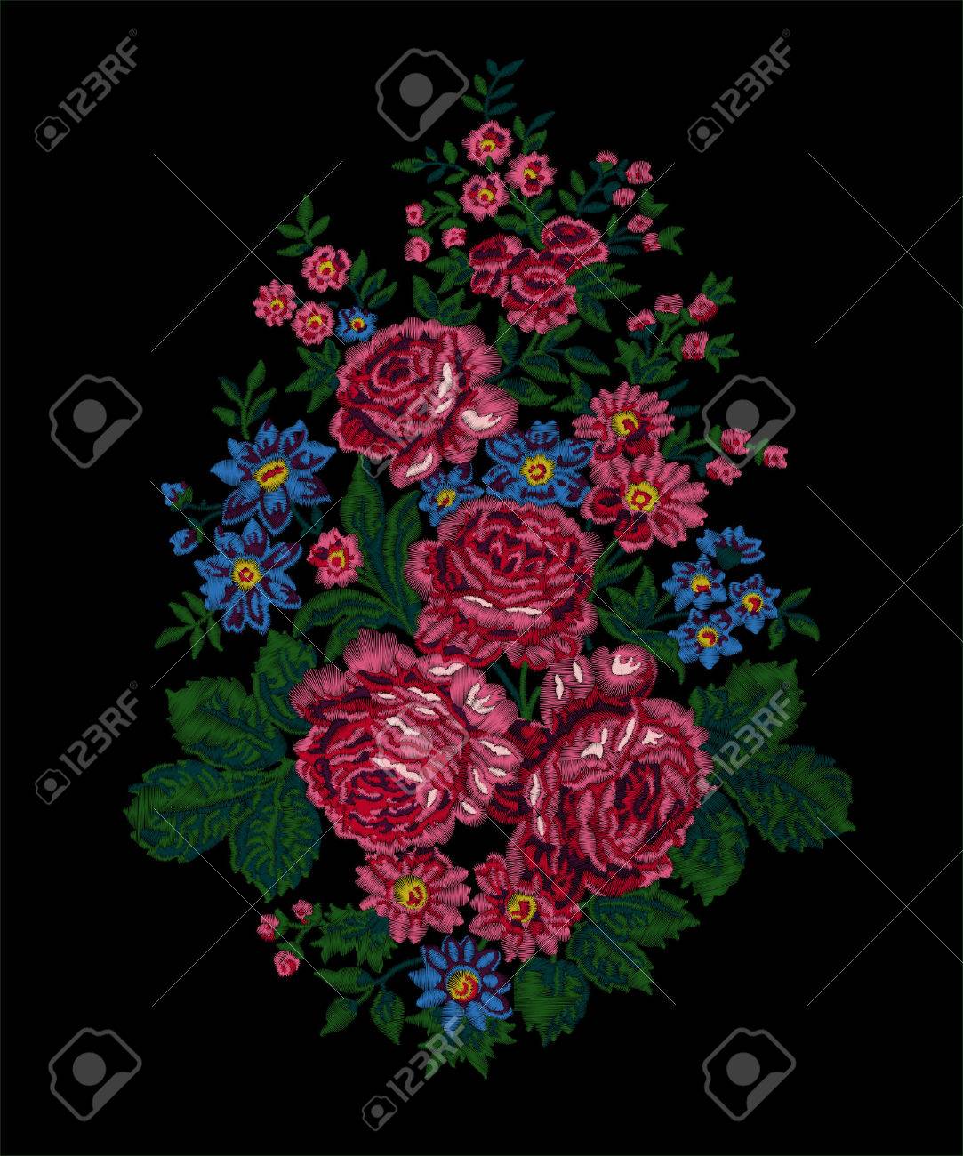 Blumenstickerei Luxurioses Blumenstrauss Mit Rosa Rosen Auf Schwarzem Hintergrund Vintage Stil Handgemachter Vektor Lizenzfrei Nutzbare Vektorgrafiken Clip Arts Illustrationen Image