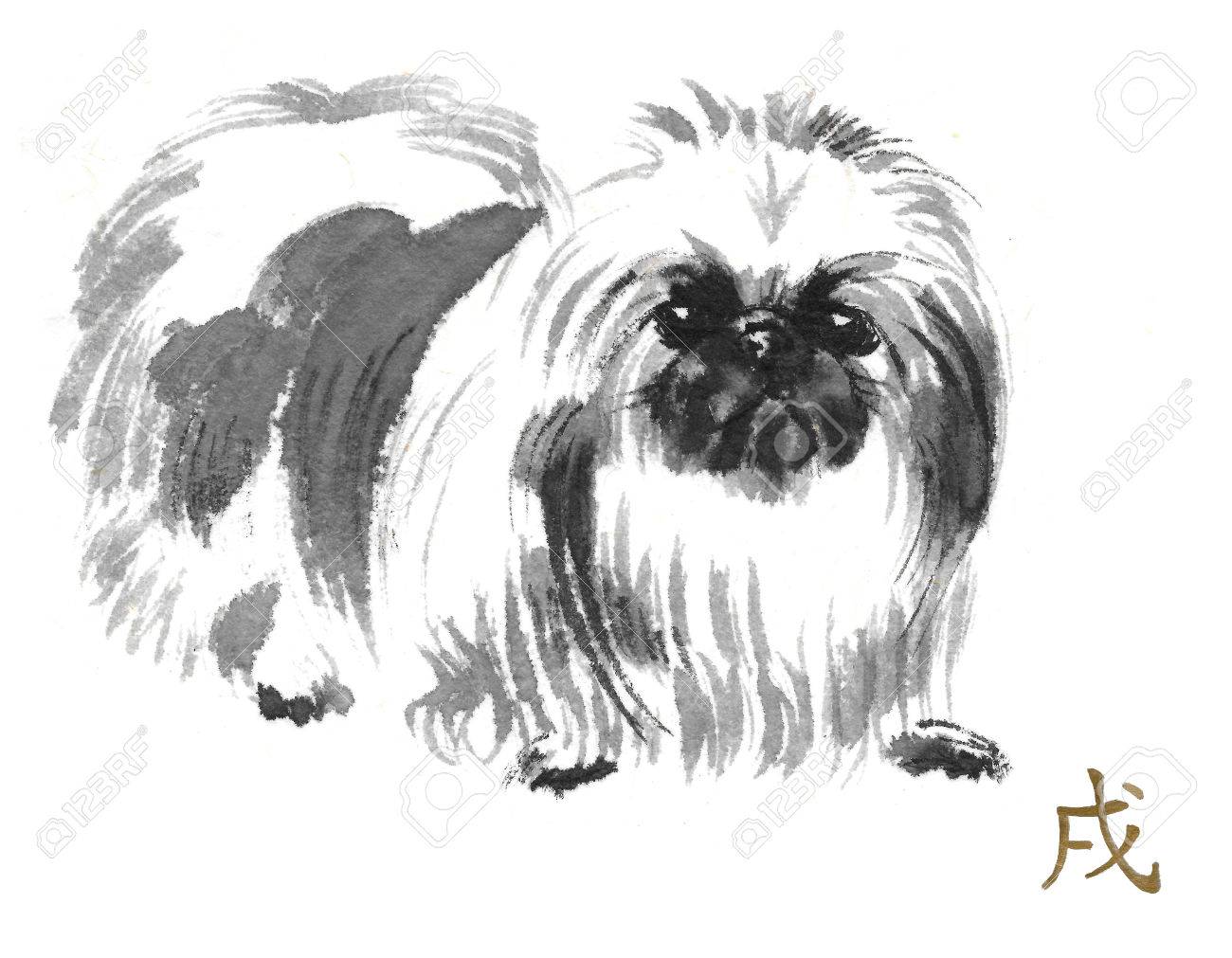 黄金の中国の象形文字「犬」とペキニーズ東洋水墨画新年の