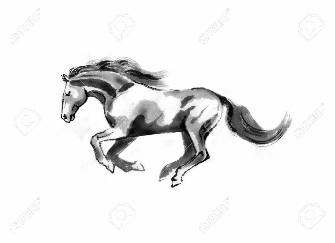 ○走走る馬のすみ江イラスト、左に移動。オリエンタルな水墨画
