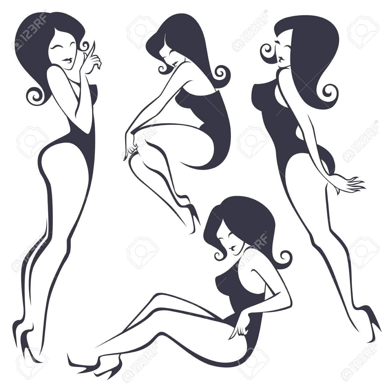 collection of stylized pinup girls in different poses royalty free