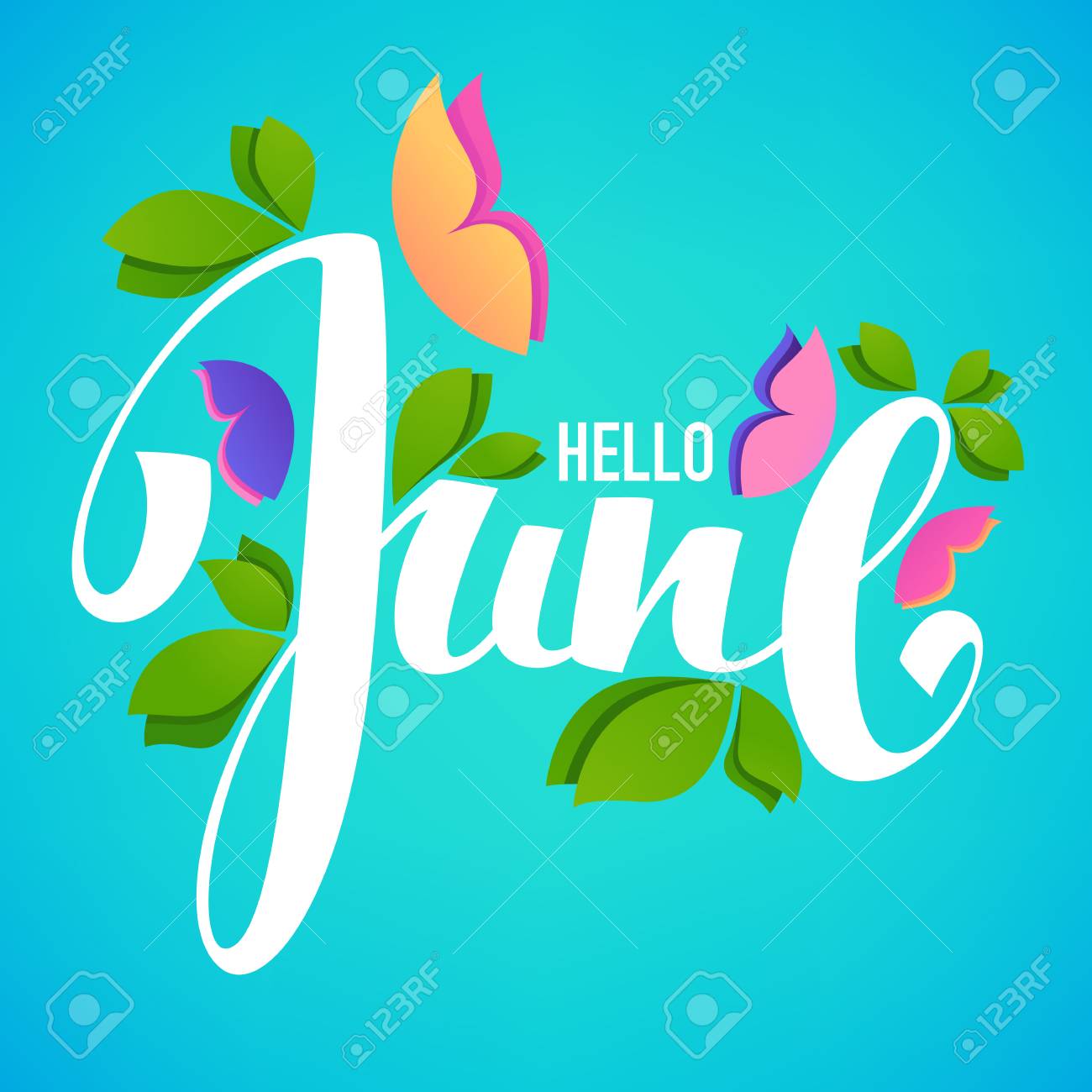 こんにちは 6 月グリーンの画像をベクトル バナー デザイン テンプレートの葉 明るい蝶と組成をレタリング のイラスト素材 ベクタ Image