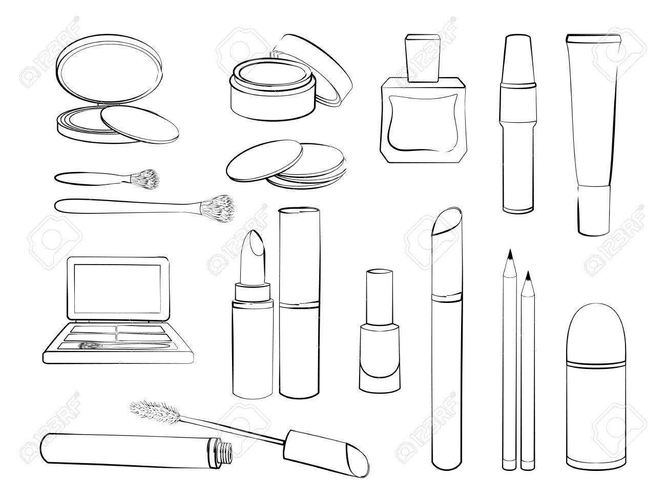 装飾的な化粧品のセット 手描きのメイク製品のコレクションです メイクアップは 白い背景で隔離のための要素のスケッチ 黒と白の概要 のイラスト素材 ベクタ Image
