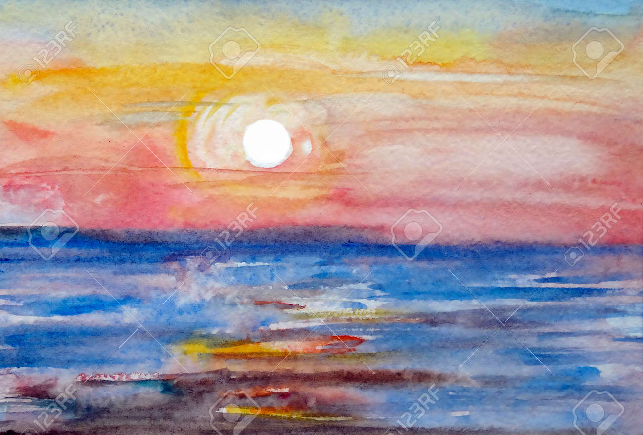 水彩の晴れた夏の暖かい海の夕日、海の景色。高品質のイラストの