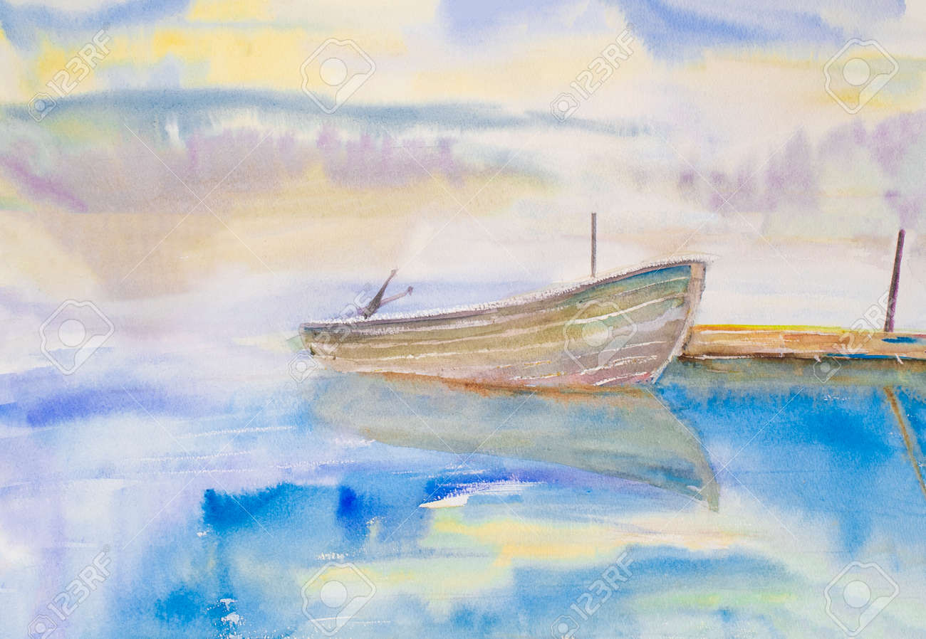 夕日を背景に水彩画の木造船。高品質のイラストの写真素材・画像素材