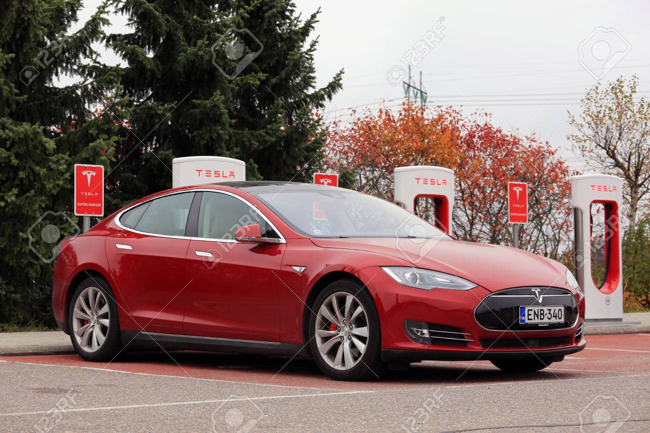 Paimio Finland October 14 2016 Red Tesla Model S Luxury