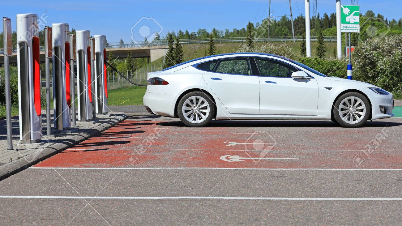 Paimio Finland June 3 2017 White Tesla Model S Electric
