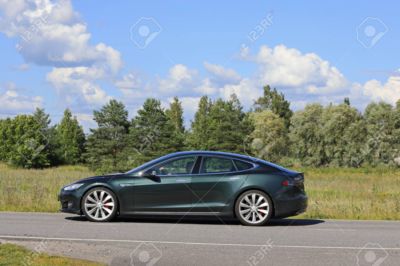 Paimio Finland July 29 2017 Metallic Green Tesla Model S