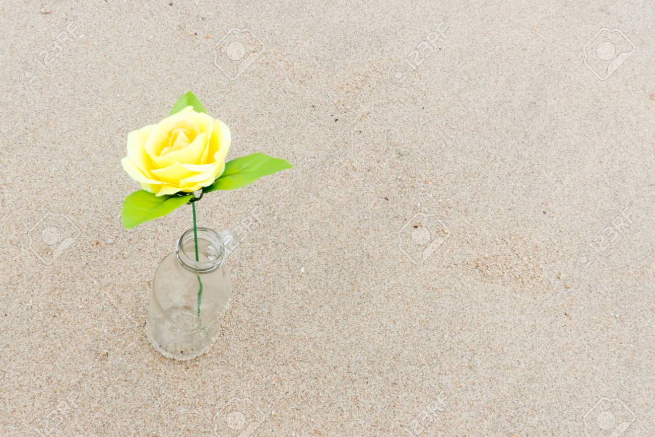 Fleur Rose Jaune Dans La Bouteille Sur Un Fond De Sable De La Plage Fond Damour De Lété