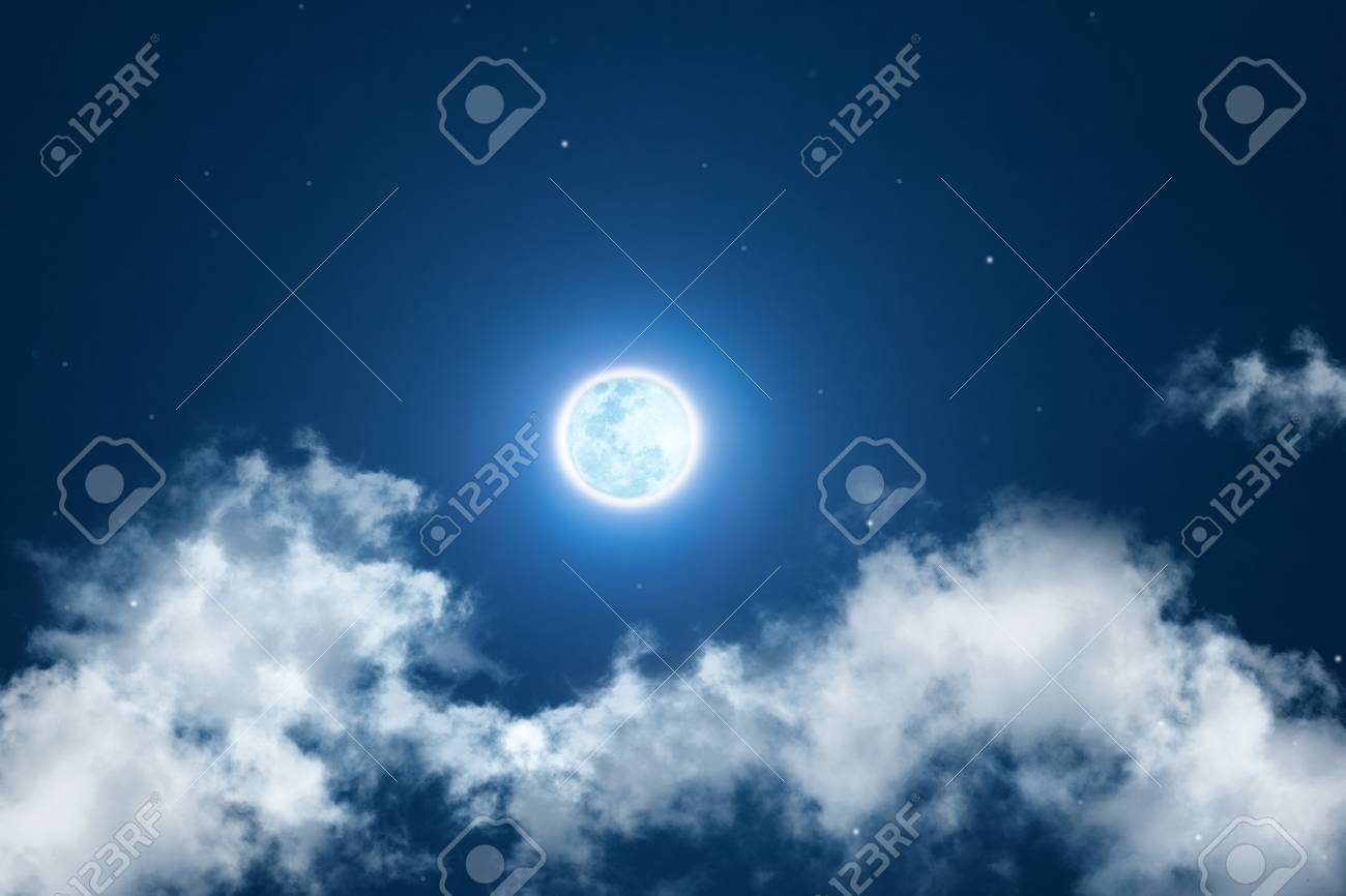 Mystical Night Sky Background With Full Moon Clouds And Stars