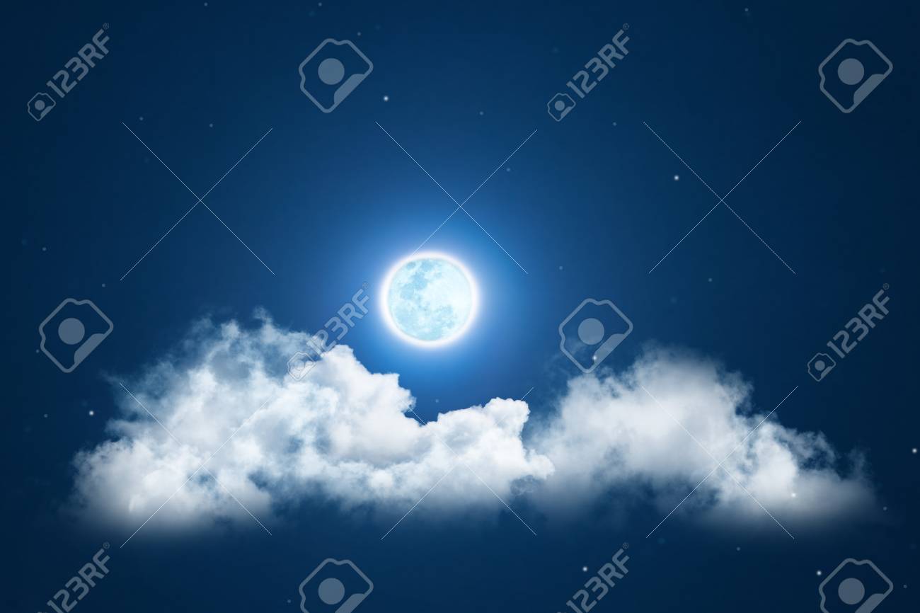 Mystical Night Sky Background With Full Moon Clouds And Stars