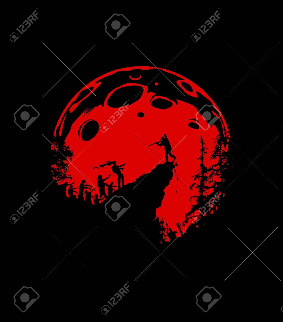 ゾンビ シルエット風景ゾンビ実行丘を最後の一人は散弾銃 赤い月背景で身を守るのイラスト素材 ベクタ Image