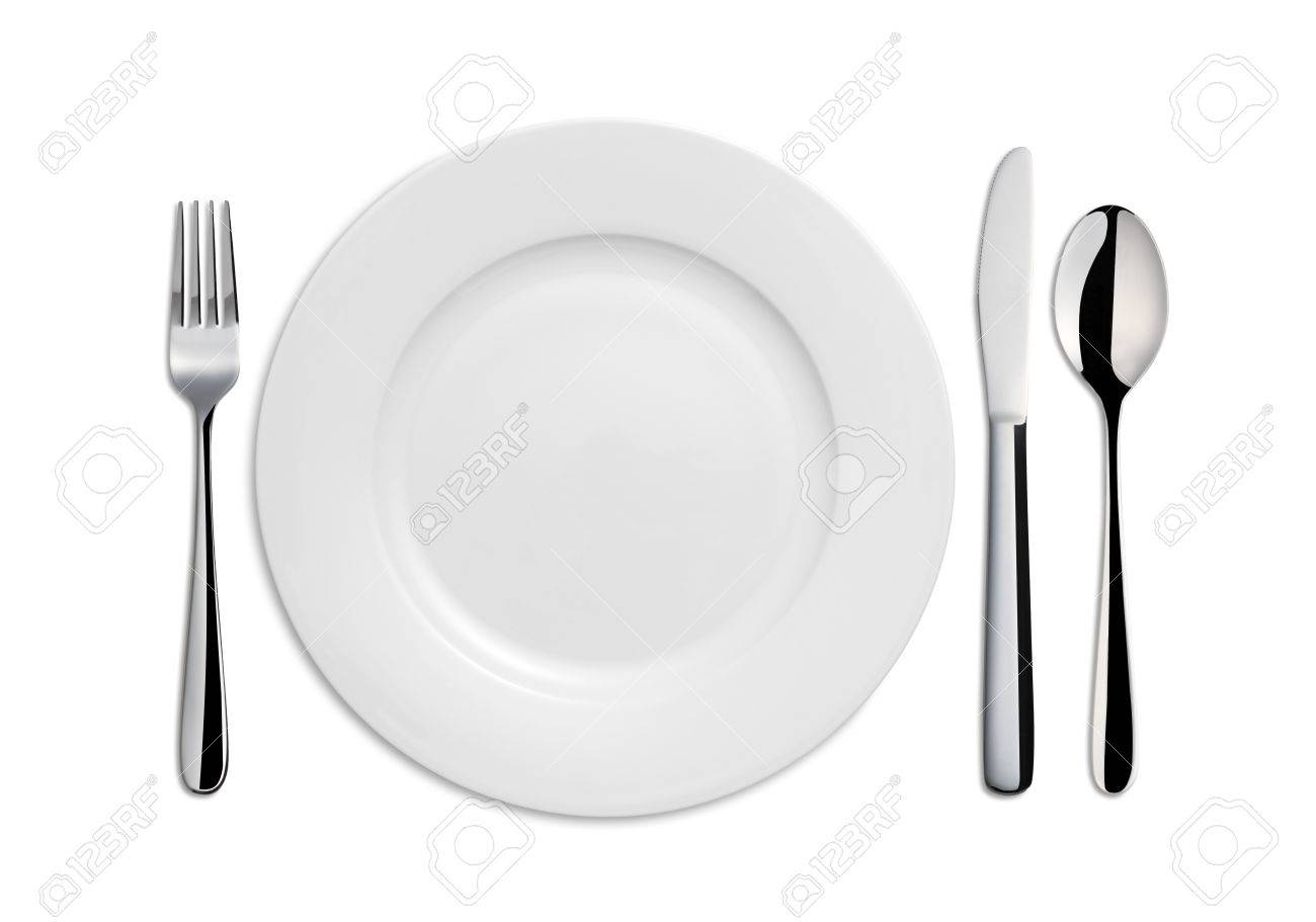 Dinner Plate, Knife, Spoon and Fork on white background - 46196249 Dinner Plate, Knife, Spoon and Fork on white background - 46196249