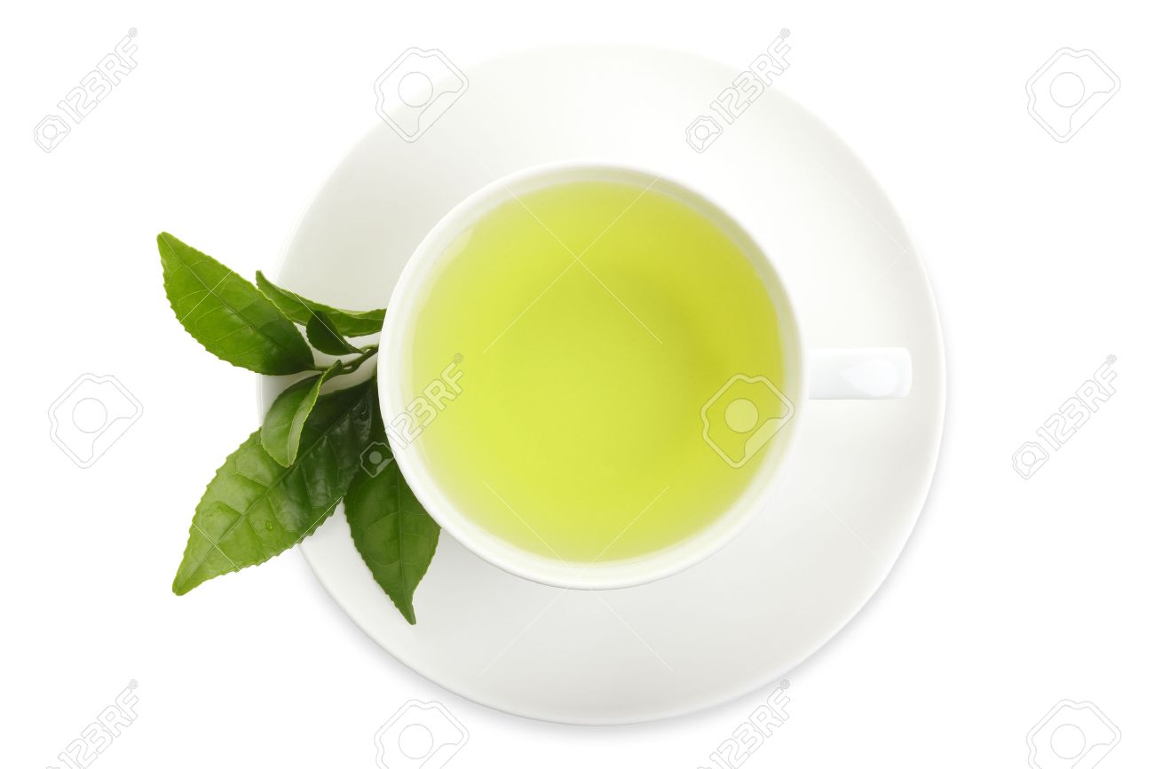 Japanese green tea and fresh green tea leaves on white background - 46190838 Japanese green tea and fresh green tea leaves on white background - 46190838