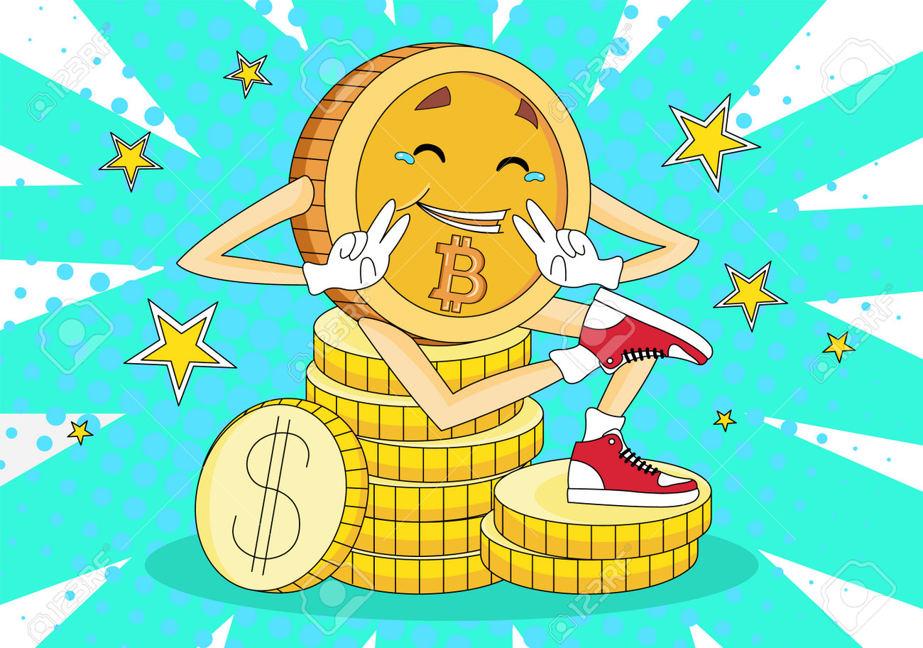 재미있는 비트코인 밈 그림입니다. 희소식, 매스 미디어 등을 위한 만화 스타일의 행복한 비트코인 이미지. 만화 만화 배경 및 성공적인  비트코인. Bitcoin은 배너, 포스터에 대한 새로운 위업 일러스트레이션을 깨뜨립니다. 로열티 무료 사진, 그림,