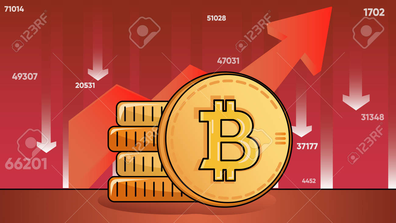 비트코인 가격이 다시 하락하고 있습니다. 벡터 일러스트레이션 배경 만화 배경에는 새로운 웹용 그림과 암호화 비트코인 날카로운 수정 및  강세장 빨간색 화살표 및 동전 스택에 대한 게시물이 있습니다. 로열티 무료 사진, 그림, 이미지