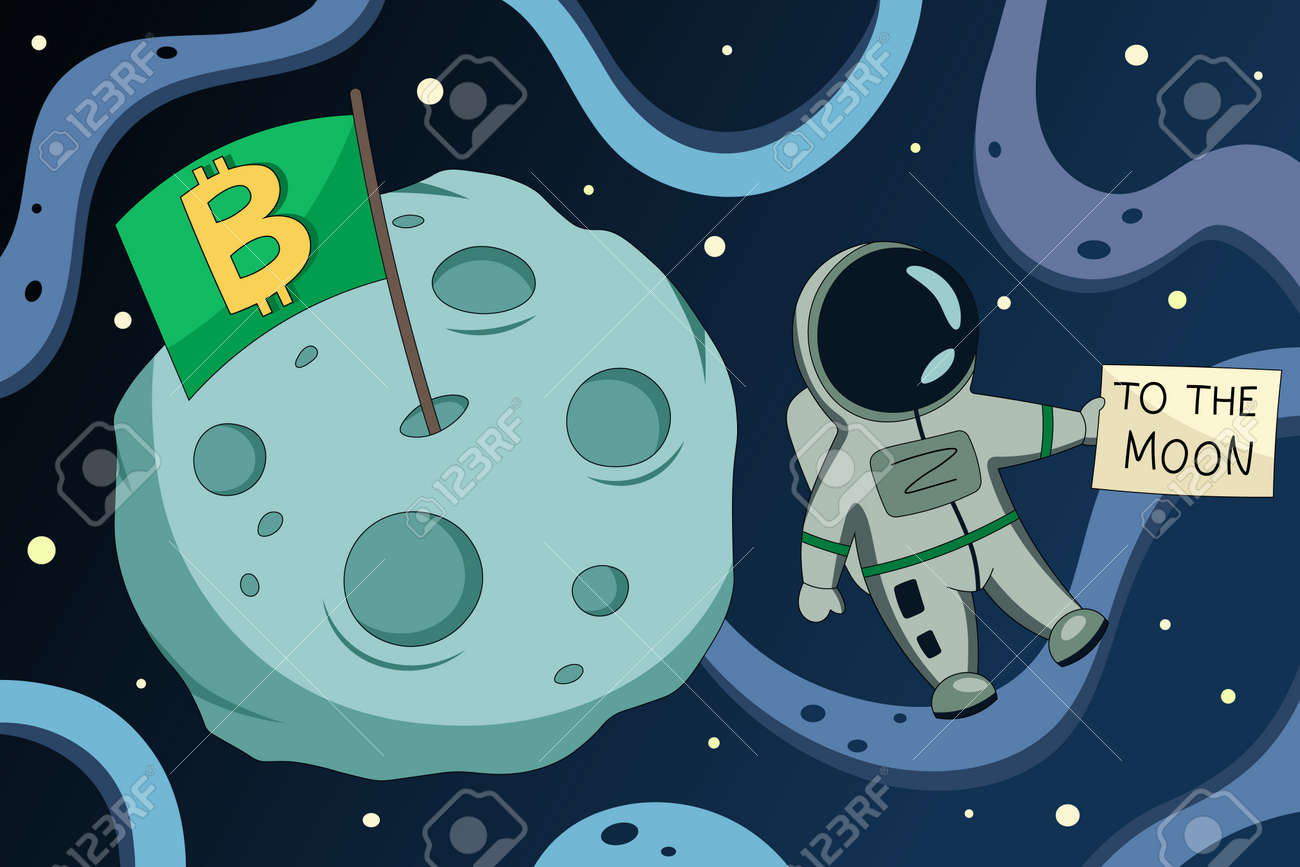 Ilustración De Bitcoin A La Luna. Aumento De Precios, Buena Nueva Imagen De  Predicción Positiva Para Publicaciones Web, Noticias Y Blogs. Ilustración  Cómica De Meme Vectorial De Criptoastronauta Y Bandera De Bitcoin