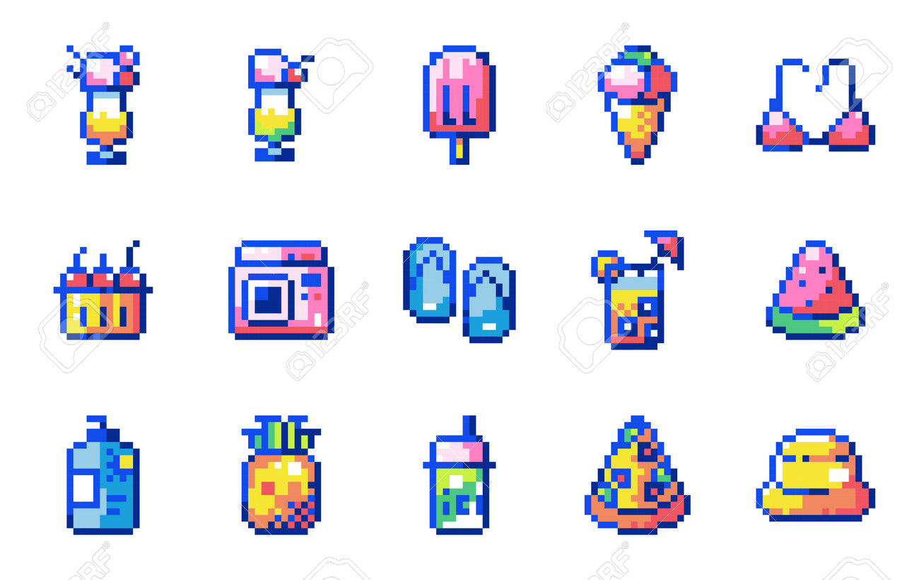 ピクセルアートレトロy2kサマーセット。8ビットレトロスタイルのビンテージカクテル、食べ物、果物、お菓子。アイスクリーム、ピザ 、スイカ、パイナップル、ビーチグッズ。アバター、ステッカーのパック。のイラスト素材・ベクター Image 206950469