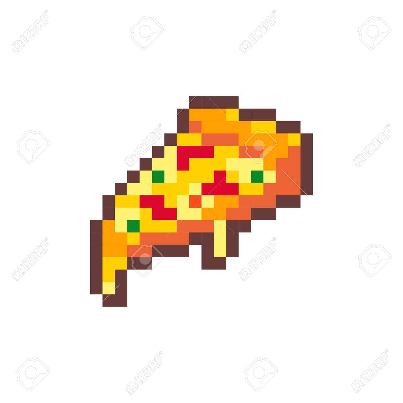 ピクセルアートピザ。レトロな8ビットスタイルのファーストフードピザ スライスイラスト。ステッカー、レトロな装飾要素、ゲームアセット、絵文字、またはかわいいオタクアバターに最適です。のイラスト素材・ベクター Image  208608177