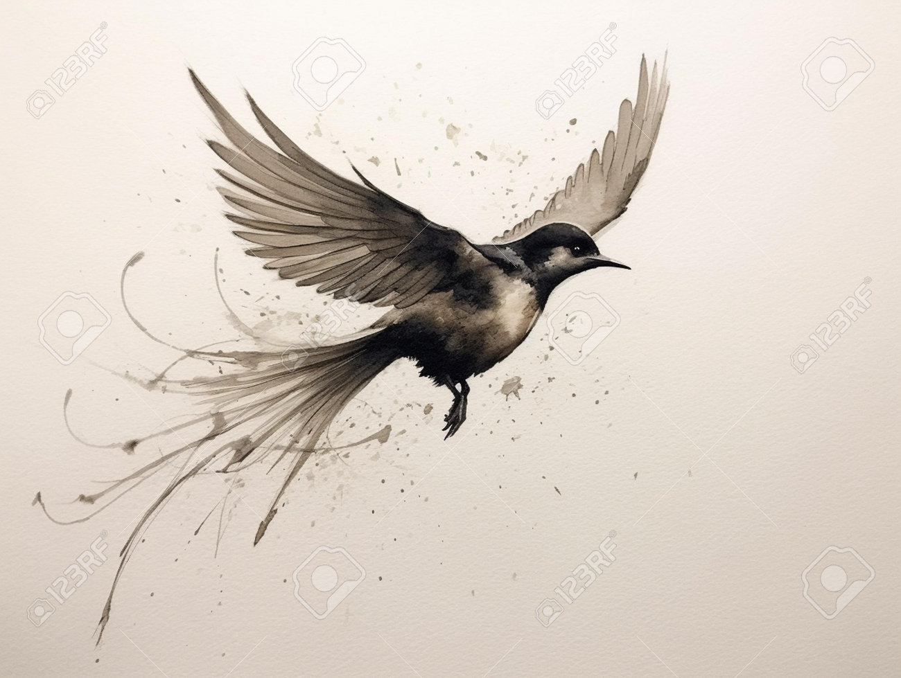 水の色の背景に飛ぶ鳥。白黒の手描きイラストの写真素材・画像