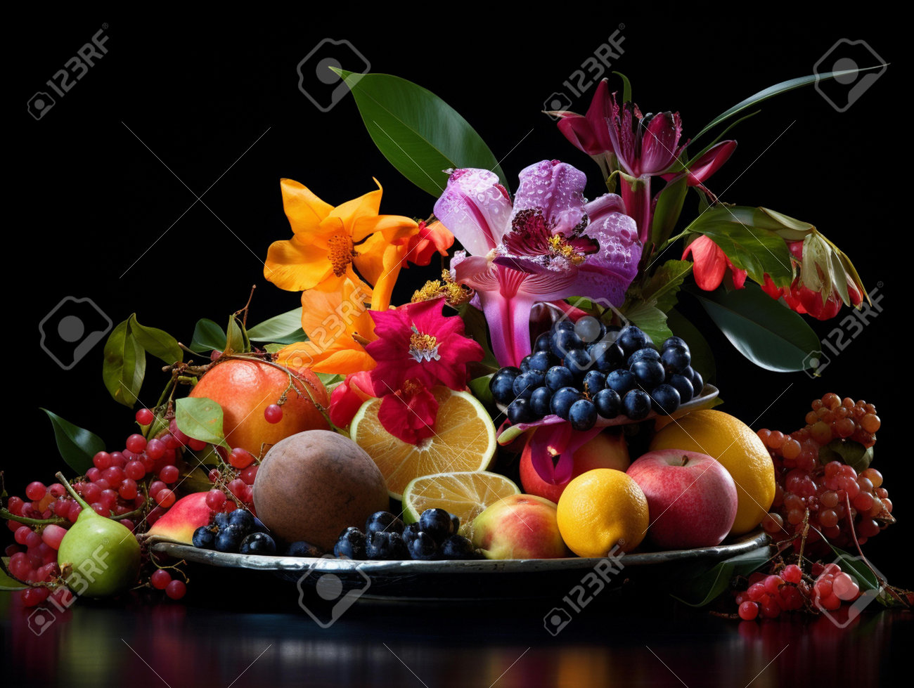 Flowers and Fruit 静物画 Flowers and Fruit 静物画 黒い背景に果物と花を持つ静物画、限定