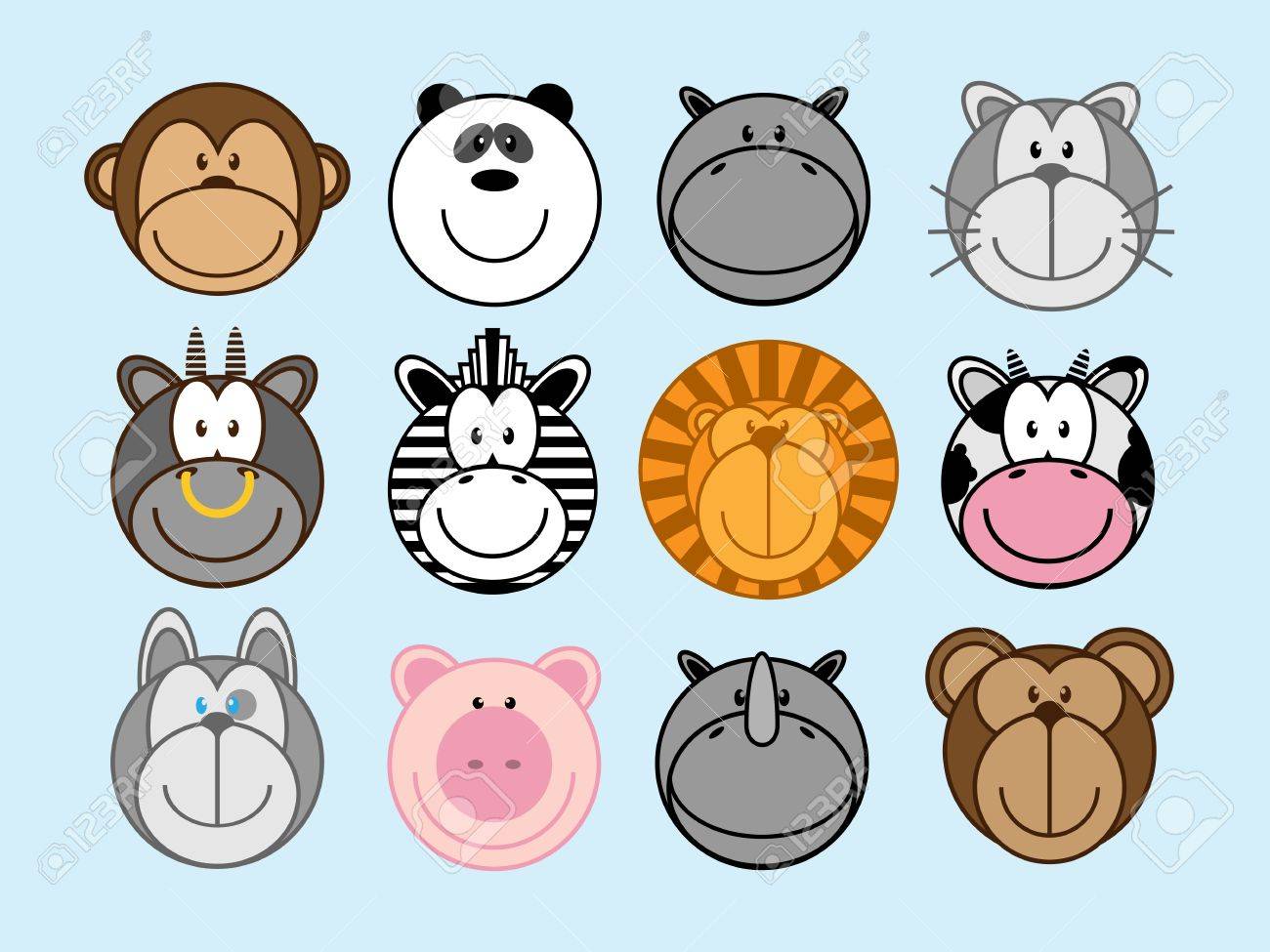 面白い動物の猿 パンダ カバ 猫 牛 シマウマ ライオン 牛 犬 豚 サイ クマのセット のイラスト素材 ベクタ Image