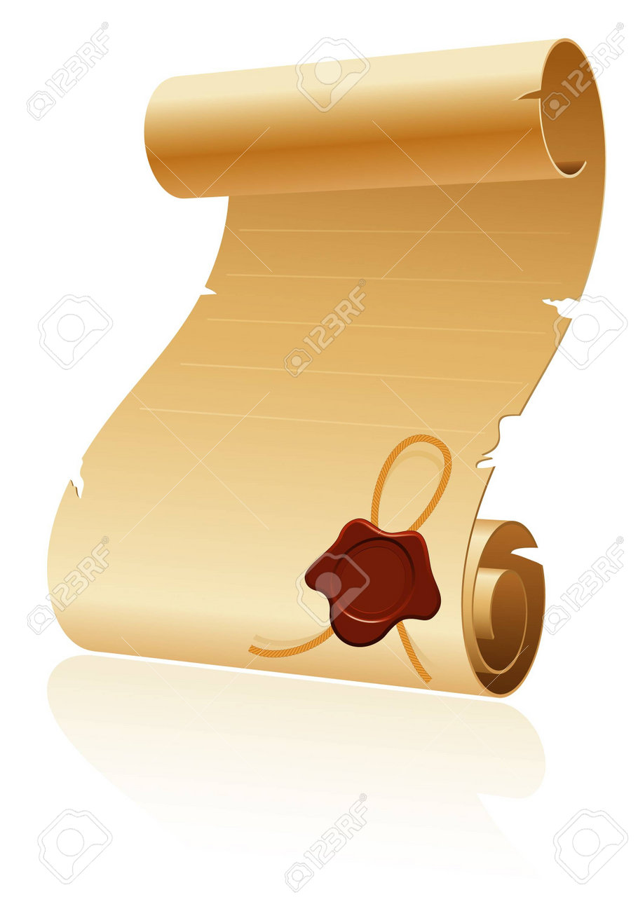 old scroll paper with sealing wax on white background template