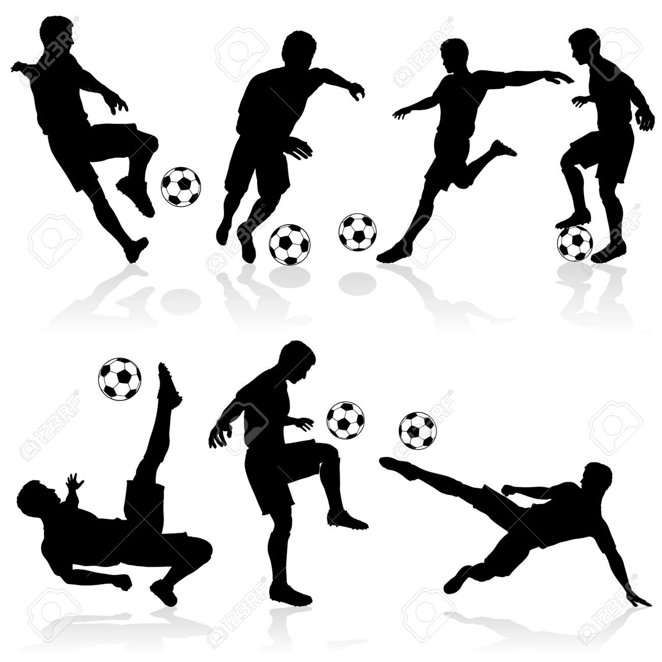 Set Of Silhouettes Of Soccer Players In Various Poses With The