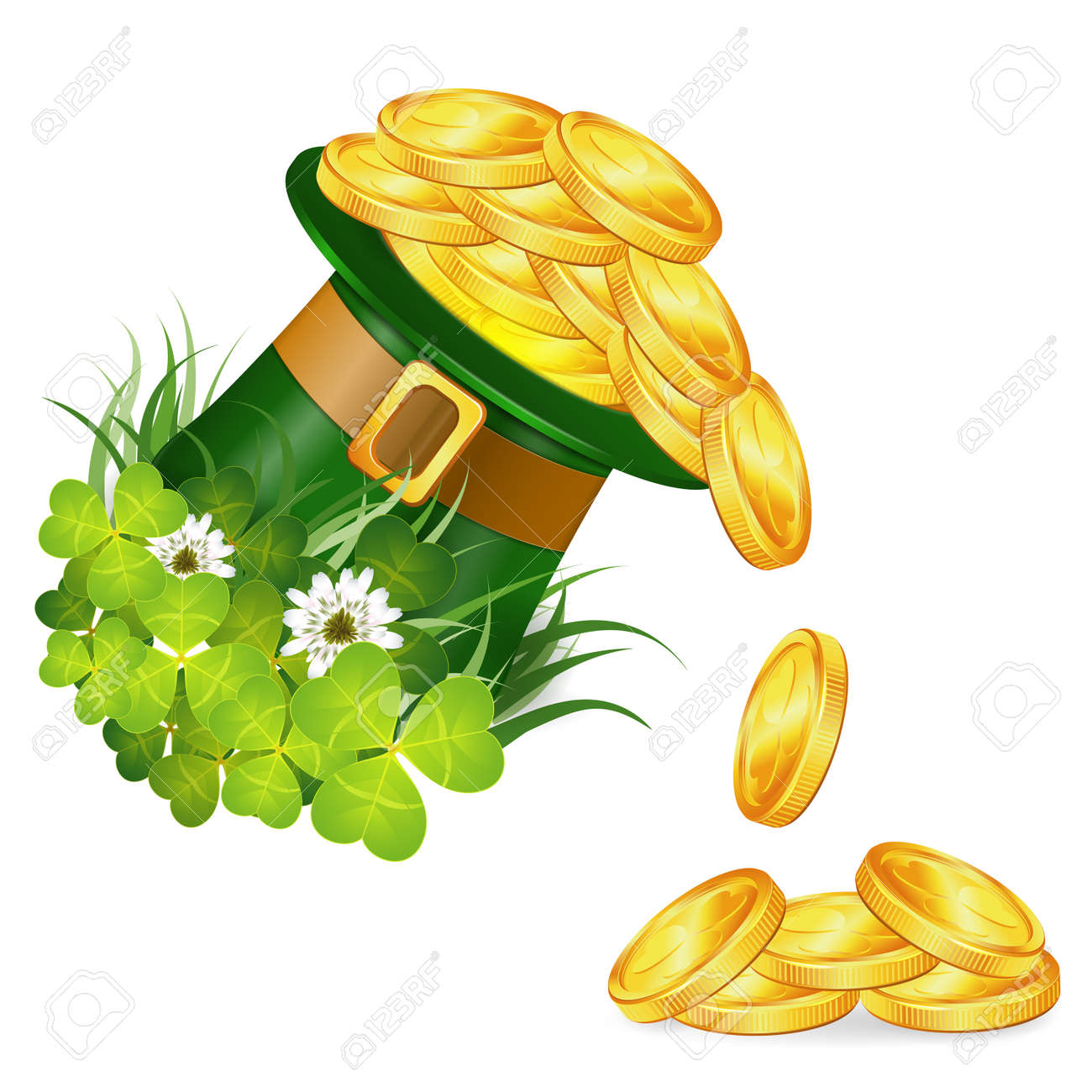 St Patrick Day Konzept Mit Zauberer Hut Goldmunzen Klee Blatt Und Blumen Vektor Illustration Lizenzfrei Nutzbare Vektorgrafiken Clip Arts Illustrationen Image 25704213
