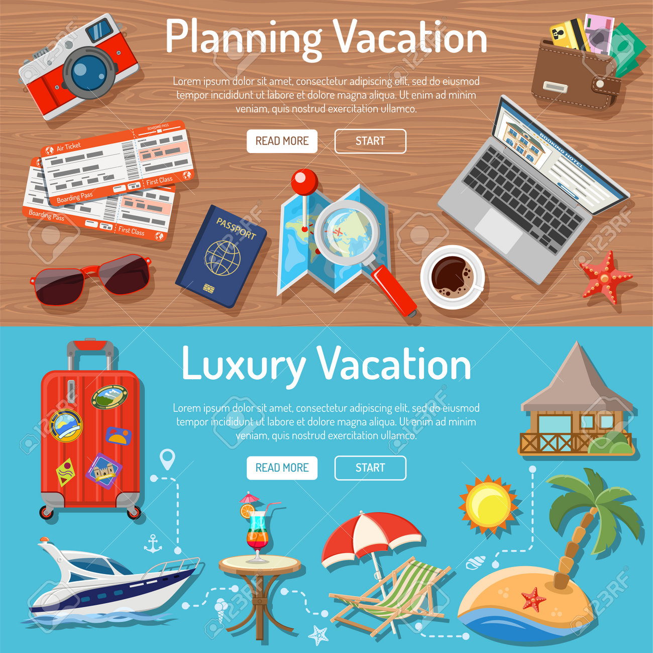 Planning Luxury Vacation and Tourism Horizontal Banners with Flat Icons for Mobile Applications, Web Site, Advertising like Planning, Booking, Tickets, Money, Bungalows, Island, Map and Cocktail. - 60184941 Planning Luxury Vacation and Tourism Horizontal Banners with Flat Icons for Mobile Applications, Web Site, Advertising like Planning, Booking, Tickets, Money, Bungalows, Island, Map and Cocktail. - 60184941