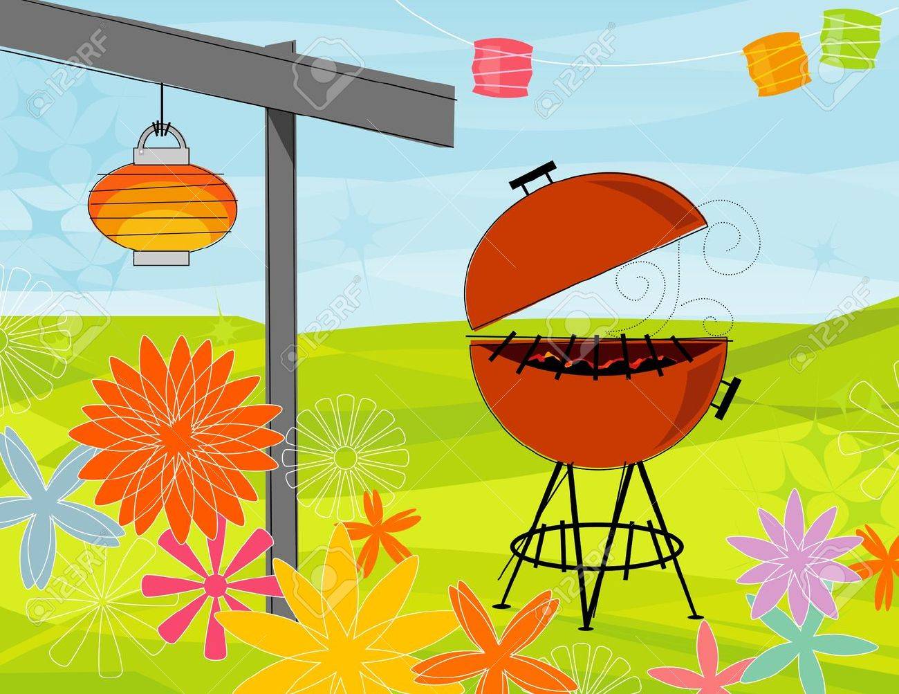 retro stylized summer barbeque party items are whole and grouped