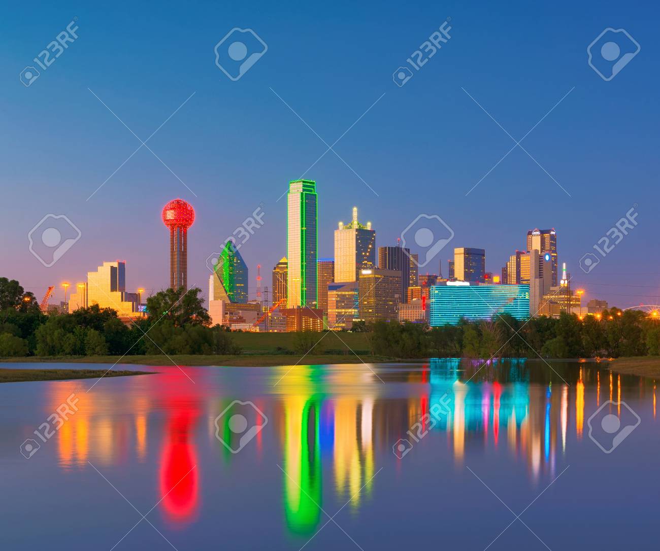 dallas skyline reflection at dawn downtown dallas texas usa stock