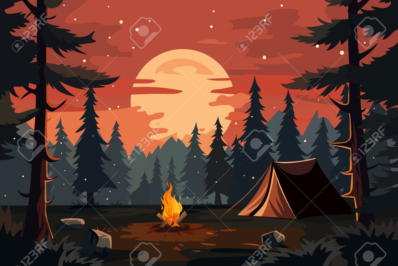 夕方のキャンプ背景。森の中にテントがあり、火が燃えています