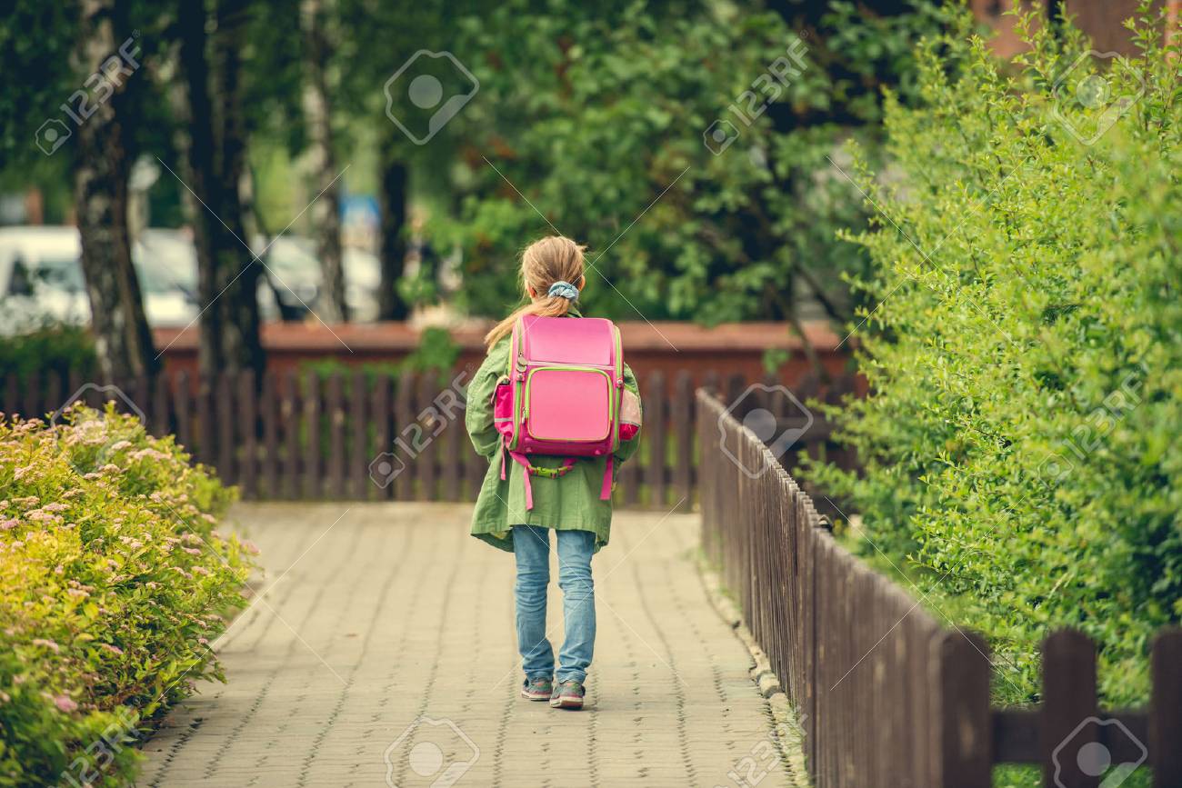 little girl with a backpack going to school. back view - 43021354 little girl with a backpack going to school. back view - 43021354