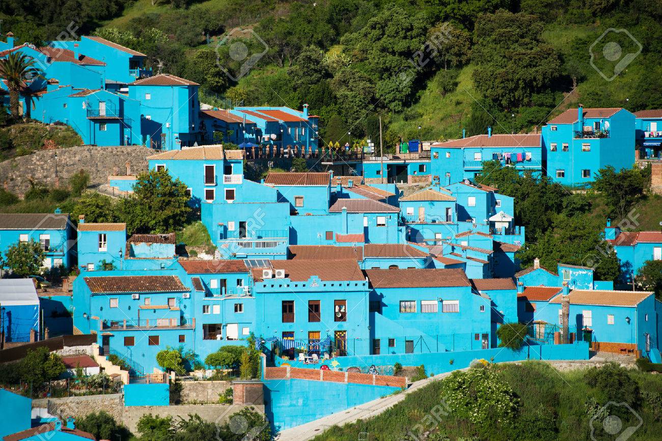 Juzcar, blue Andalusian village in Malaga, Spain. village was painted blue for The Smurfs movie launch - 43286667 Juzcar, blue Andalusian village in Malaga, Spain. village was painted blue for The Smurfs movie launch - 43286667