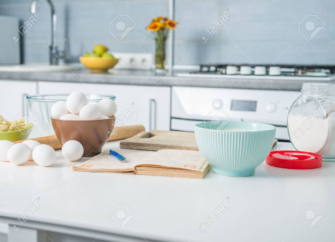 Ingredients For Baking And Recioe Book On A Kitchen Table Stock Photo Picture And Royalty Free Image Image 43785616