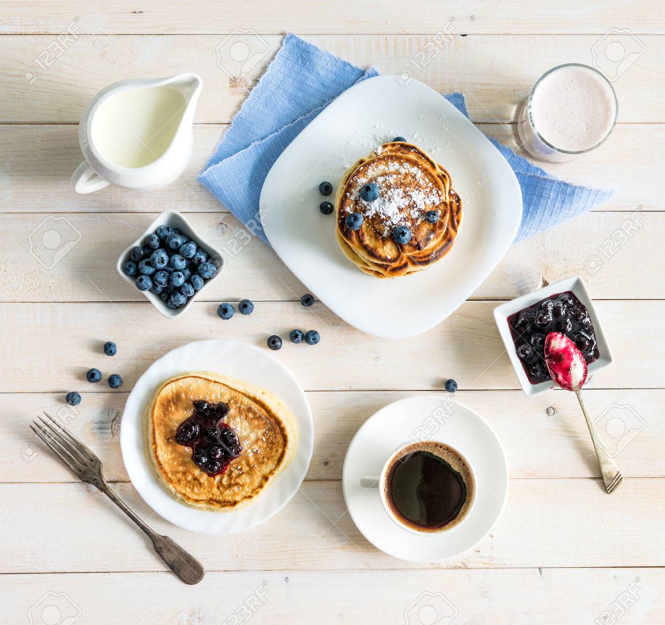 pancakes with blueberry and coffee on wooden background. top view - 45008484 pancakes with blueberry and coffee on wooden background. top view - 45008484