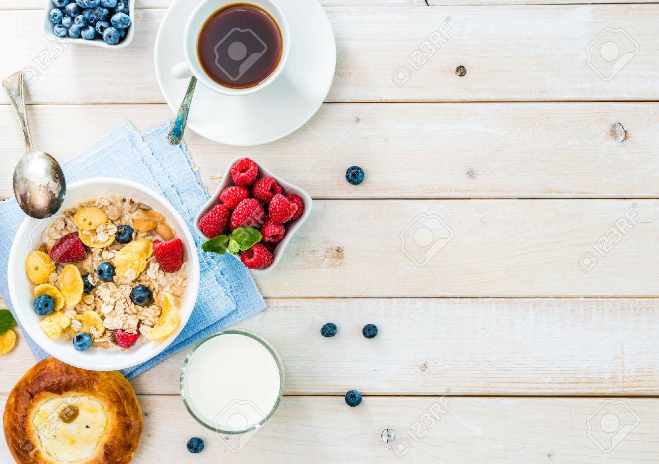 healthy breakfast with text space top view - 45297395 healthy breakfast with text space top view - 45297395